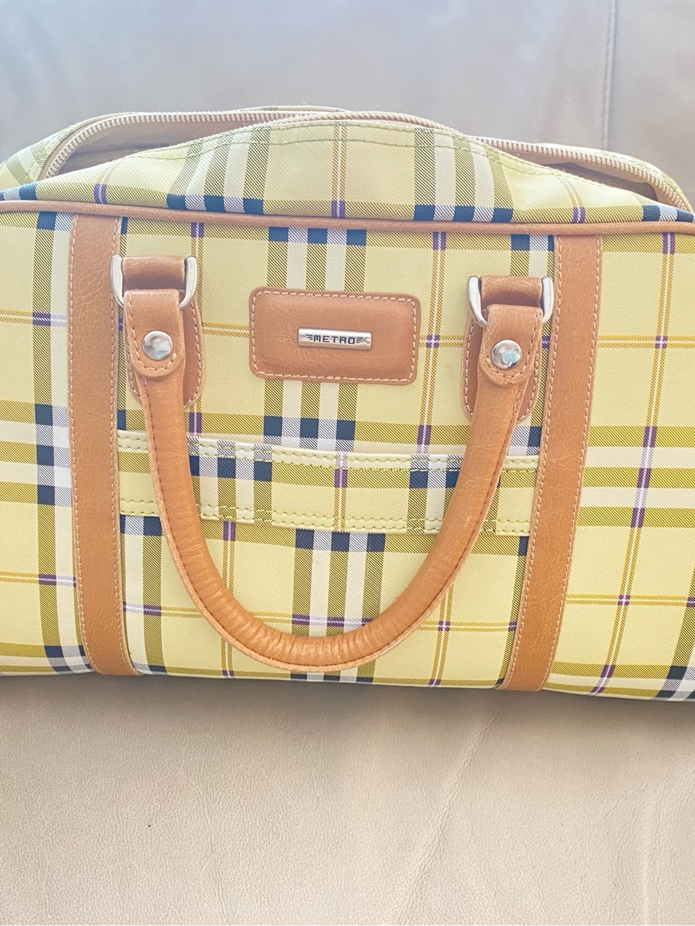 Metro waterproof Yellow Plaid Travel Bag with Tan Trim - Picture 1 of 9